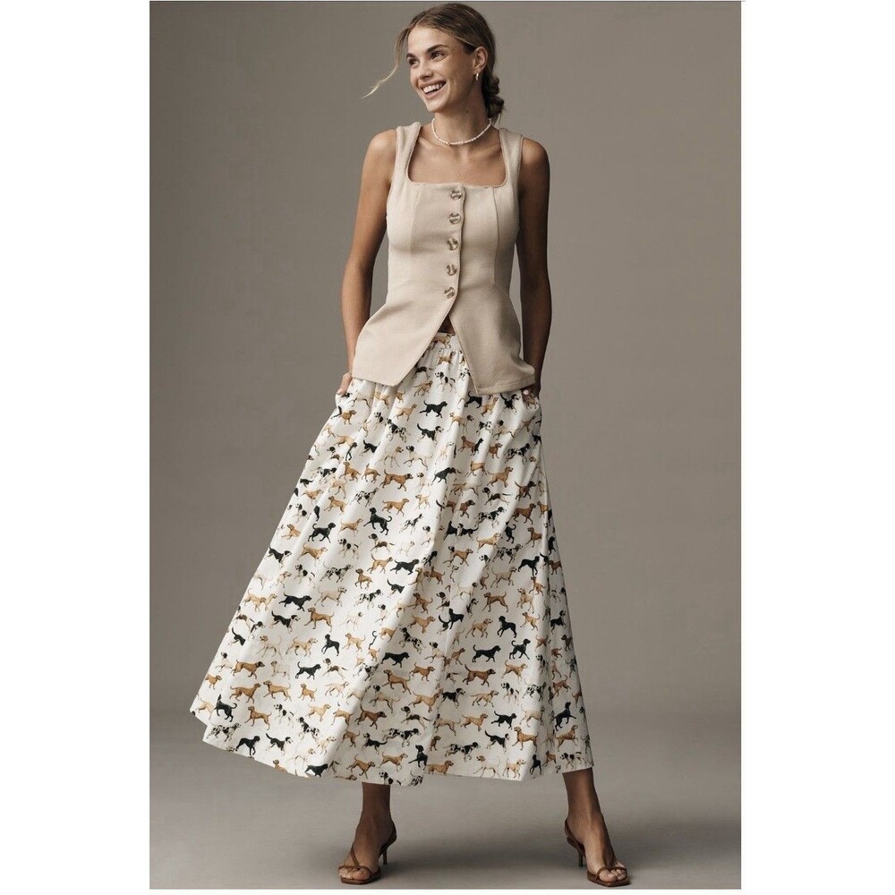 Anthropologie Jacie Poplin Printed Maxi Skirt Dog Pattern Size XXS